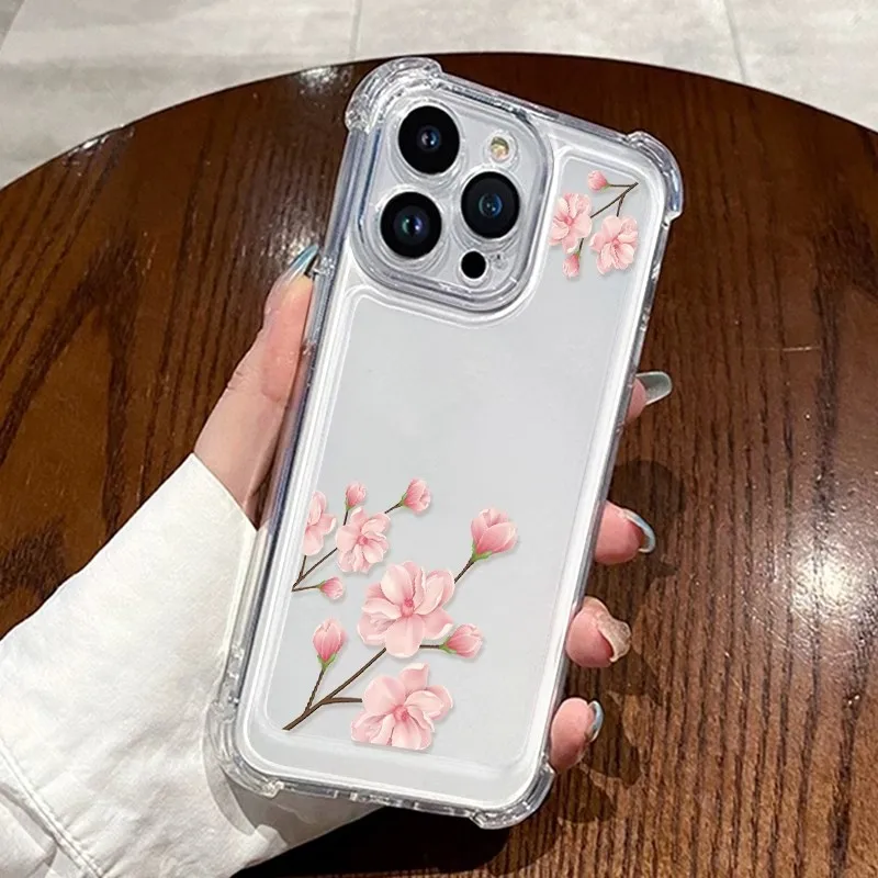 Funda de Teléfono con Diseño de Flores de Cerezo Rosadas para iPhone 17 16 15 14 12 11 Pro XS Max Air X, Antigolpes, con Airbag, Transparente, Suave, de TPU