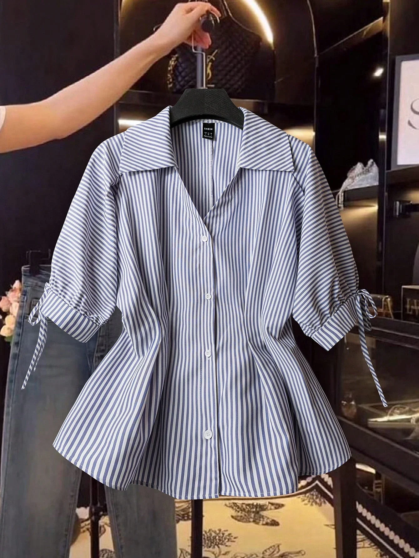 

Elegant Striped Short Sleeve Blouse With Puff Sleeve And Tie Cuffs
