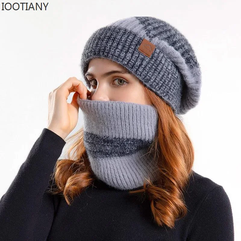 2023 Winter Hat Mask Scarf Two-piece Set Fashion Women Knitted Hat Scarf Caps Neck Warmer Skull Cap Thicken Fur Lined Lady Girls