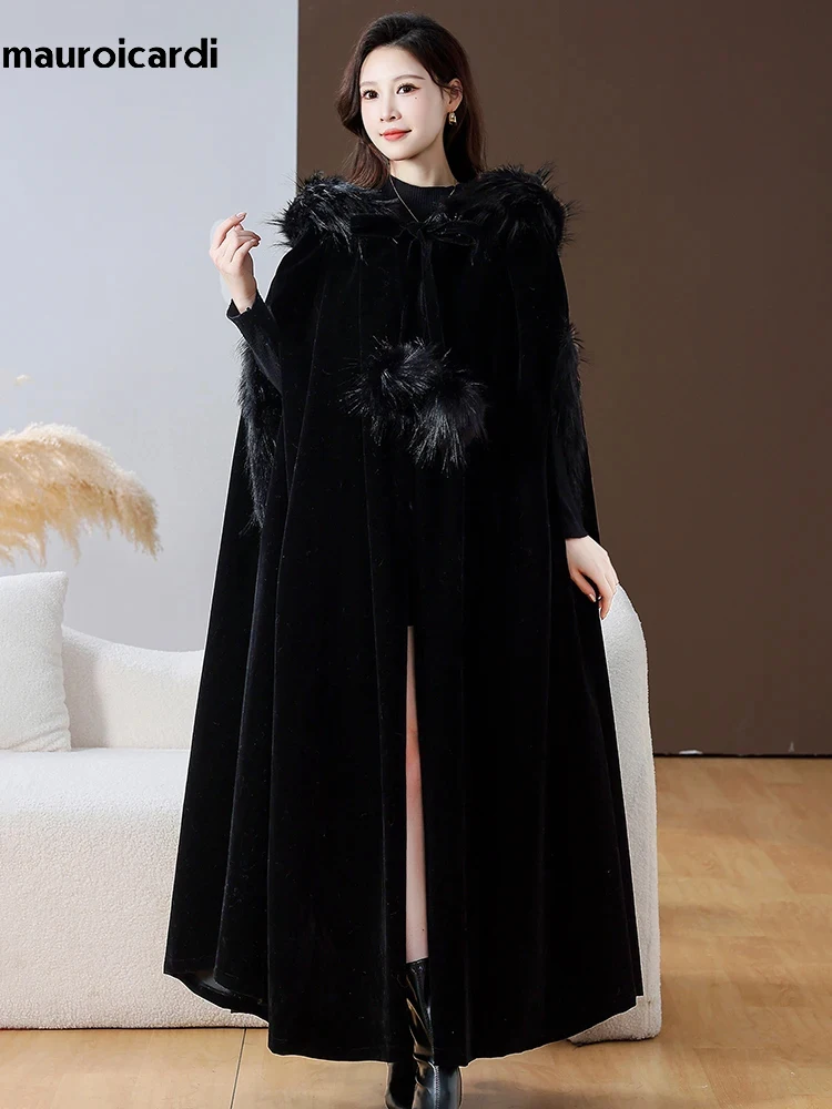 Mauroicardi Autumn Winter Extra Long Black Warm Flowy Velvet Cloak Women with Faux Fox Fur Trim Hood Luxury Maxi Goth Clothes