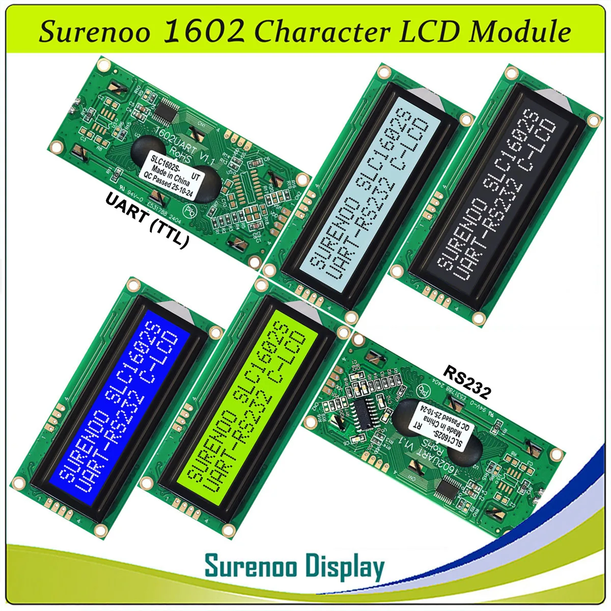 Surenoo 1602 162 16*2 Serial RS232 UART TTL CMOS Character LCD Module Display Screen Panel LCM STN Blue Yellow Green FSTN DFSTN