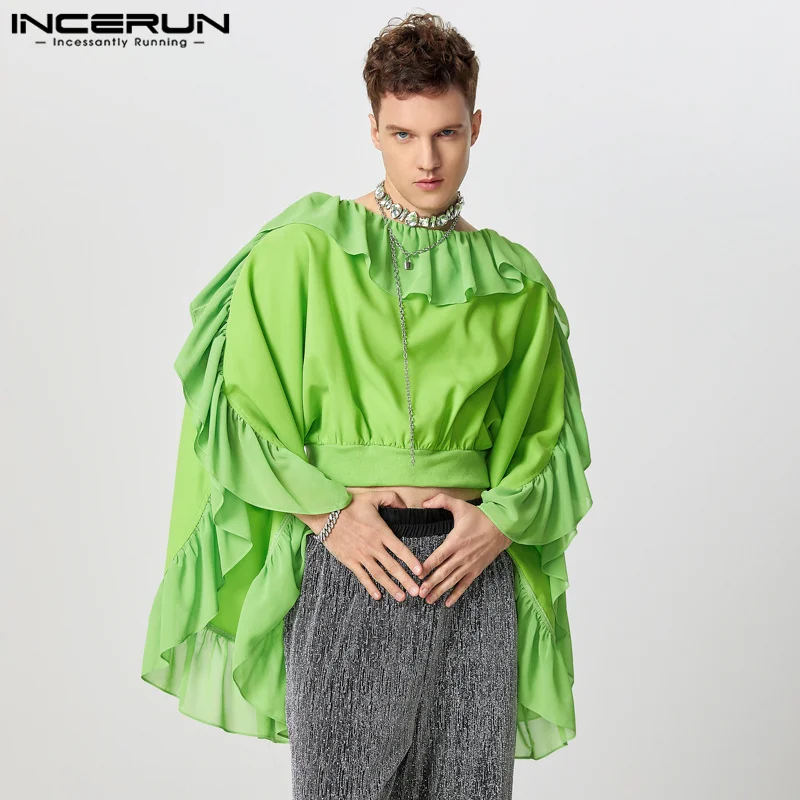 INCERUN Handsome Men Tops Stylish Deconstruction Solid T-shirts Sexy Casual Curved Ruffled Edge Silhouette Long Sleeved Camiseta