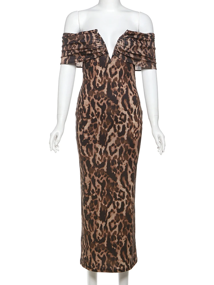 Vestido con estampado de leopardo y gato extraño para mujer, vestido fruncido con cuello barco y hombros descubiertos, bata salvaje de medianoche, Sexy, para fiesta y discoteca, ceñido largo Hipster