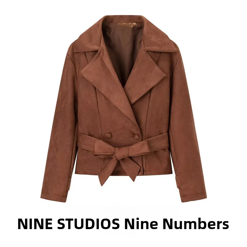 

NINE ZAR женская замшевая куртка с поясом на талии и двубортными лацканами с зубчатыми лацканами, теплое женское осеннее пальто