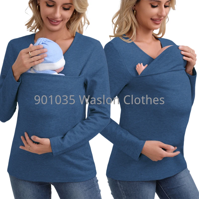 ผู้หญิงแขนยาว T เสื้อ Baby Carrier ความปลอดภัย Kangaroo Pocket การตั้งครรภ์เสื้อผ้าฤดูใบไม้ผลิฤดูหนาวแขนยาวแม่ Top