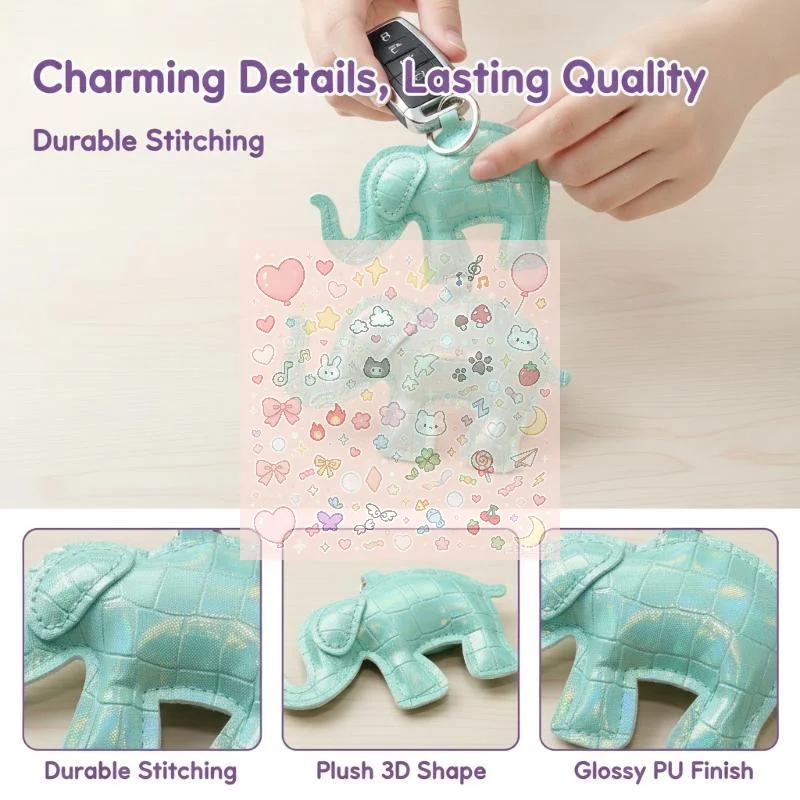 Cute Elephant Keychain Holographic Crocodile Pattern PU Leather For Backpack Decor Animal Lovers Gifts