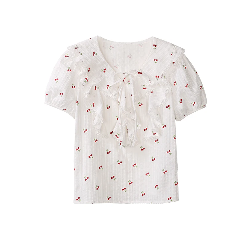 ALXNAN Women Shirt Cute Cherry Print Lace-up Cotton 100% Blouses Peter Pan Collar Flounce Design Short Sleeve Tops Ladies L53556