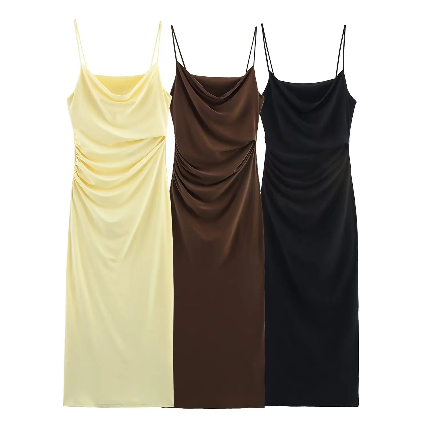 

BM&MD&ZA Women's Sexy Cowl - Neck Spaghetti Strap Mid - Length Straight - Cut Slim - Fit Dress with Waist Pleat Decoration