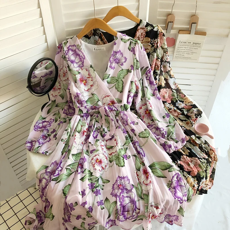 

Women's Autumn Dress French Style Sweet Floral Print A-Line Lace-Up High Waist Mini V-Neck Elegant Temperament Dresses