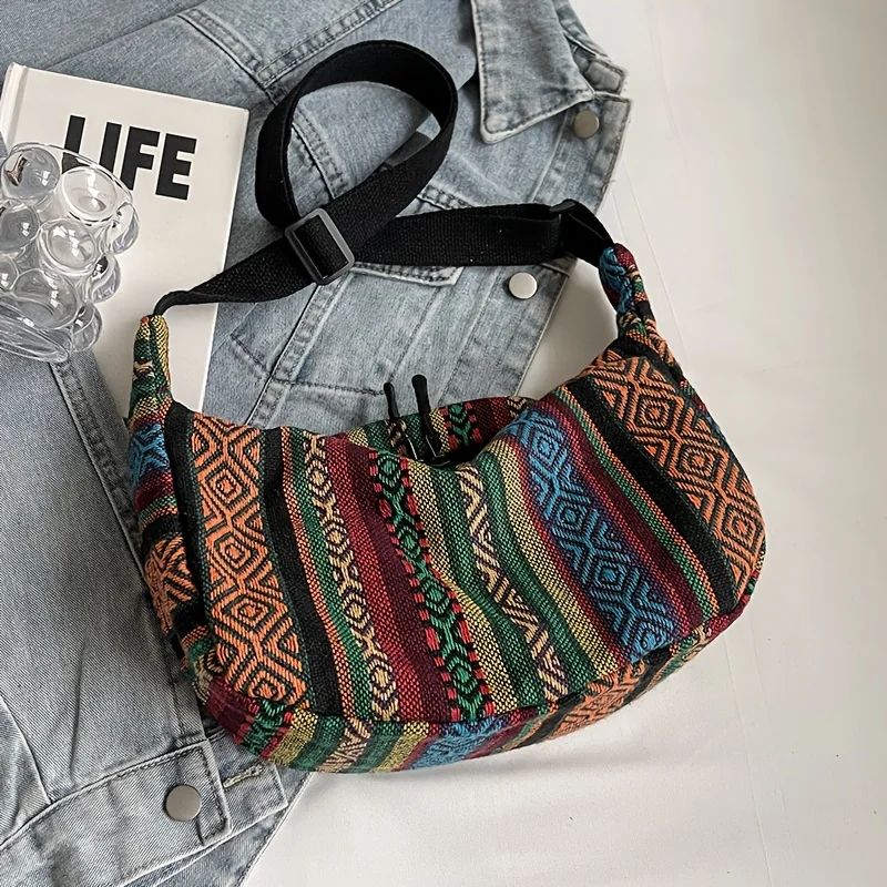Umhängetasche im Tribal-Stil, faltbare Umhängetasche mit Reißverschluss, gestreiftem Muster, handwaschbares, lackiertes Futter mit Flaggenmotiv – Detail 7