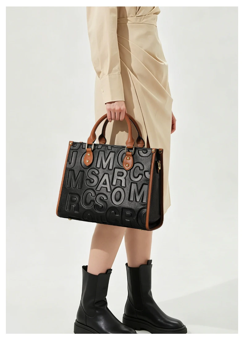 Große Kapazität Multi-Taschen Rindsleder Damen Tragetasche Buchstaben-Prägung Farbblock Handtasche Tragbare Schulter-Pendlertasche – Detail 2
