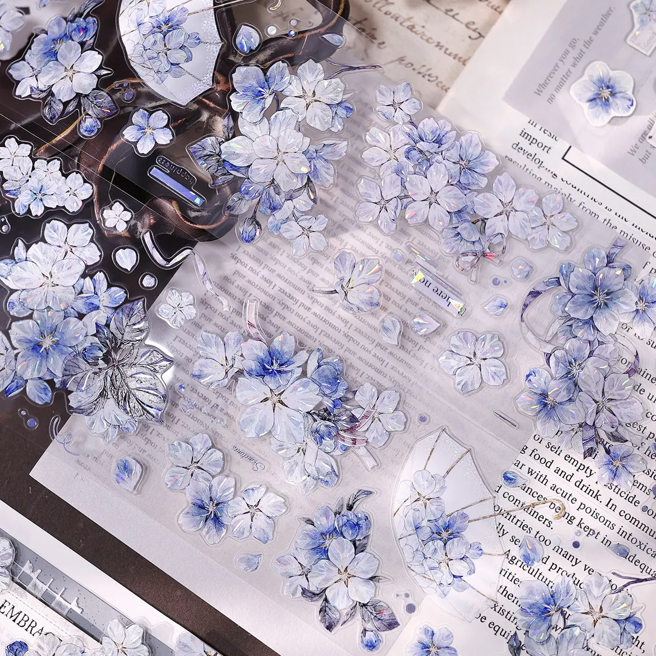 Vintage Blue Cherry Blossom Rain Washi PET Shell Shiny Die-Cut Journaling Tape for Scrapbooking DIY Craft Decor