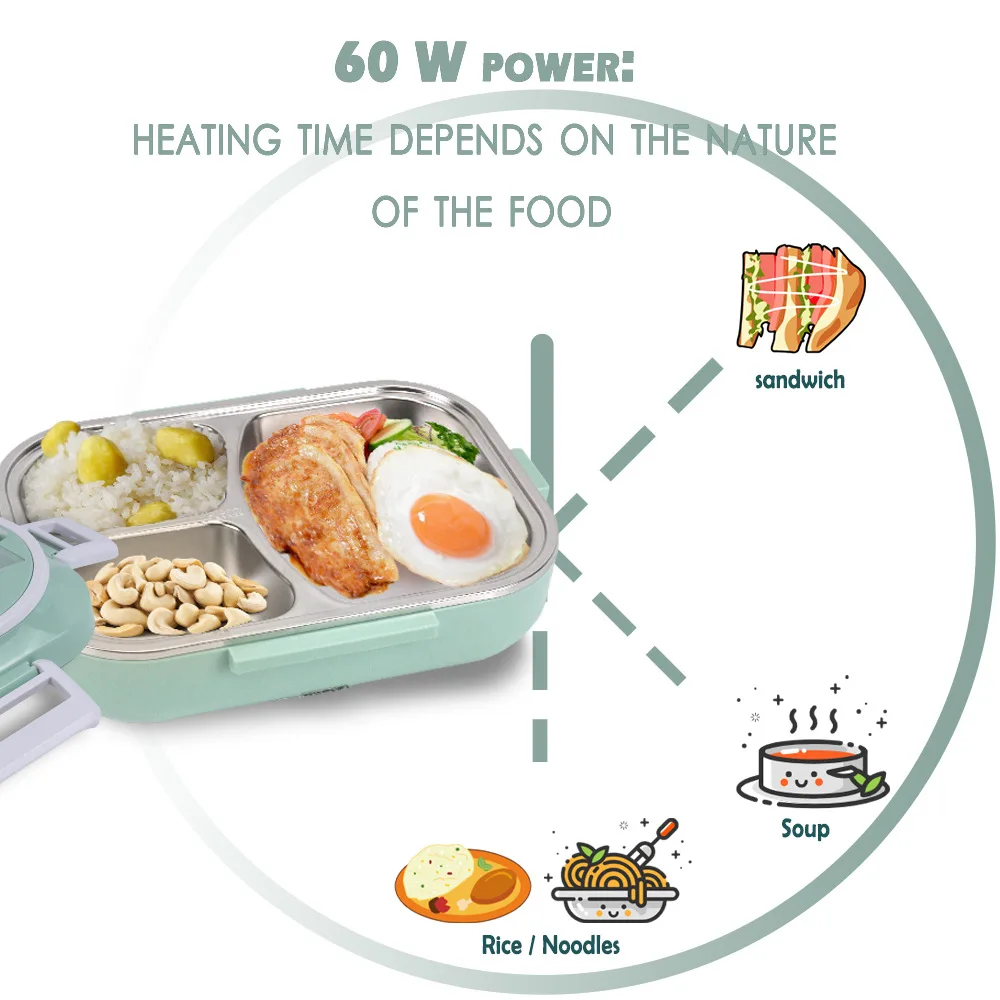 Lancheira elétrica de três grades, à prova de vazamento, aquecimento rápido, aquecedor de alimentos portátil doméstico, lancheira de aço inoxidável