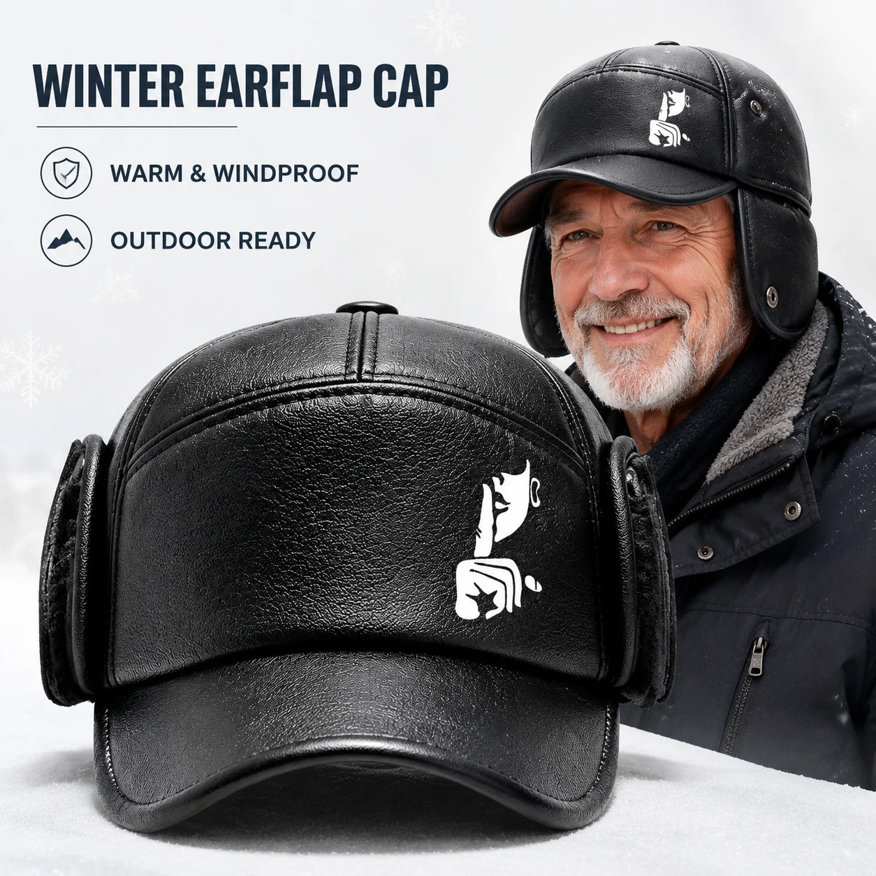 Men Winter Earflap Cap Black Faux Leather Baseball Hat with Warm Fold Down Ear Covers, Windproof Outdoor Trapper Hat for Seniors