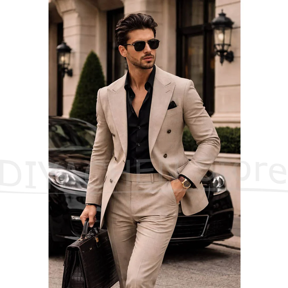Men Double Breasted 2 Piece Suit Peak Lapel Slim Fit Wear Formal Wedding Groom Business Casual Modern Tailored Mens Suit Set