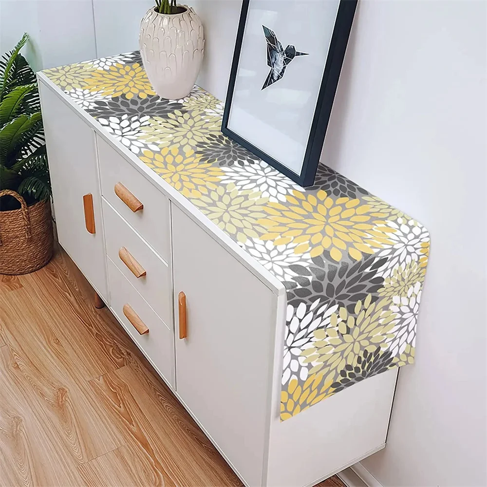 Colorful Dahila Flower Linen Table Runners Kitchen Table Decoration Washable Dining Table Runners Wedding Party Decorations