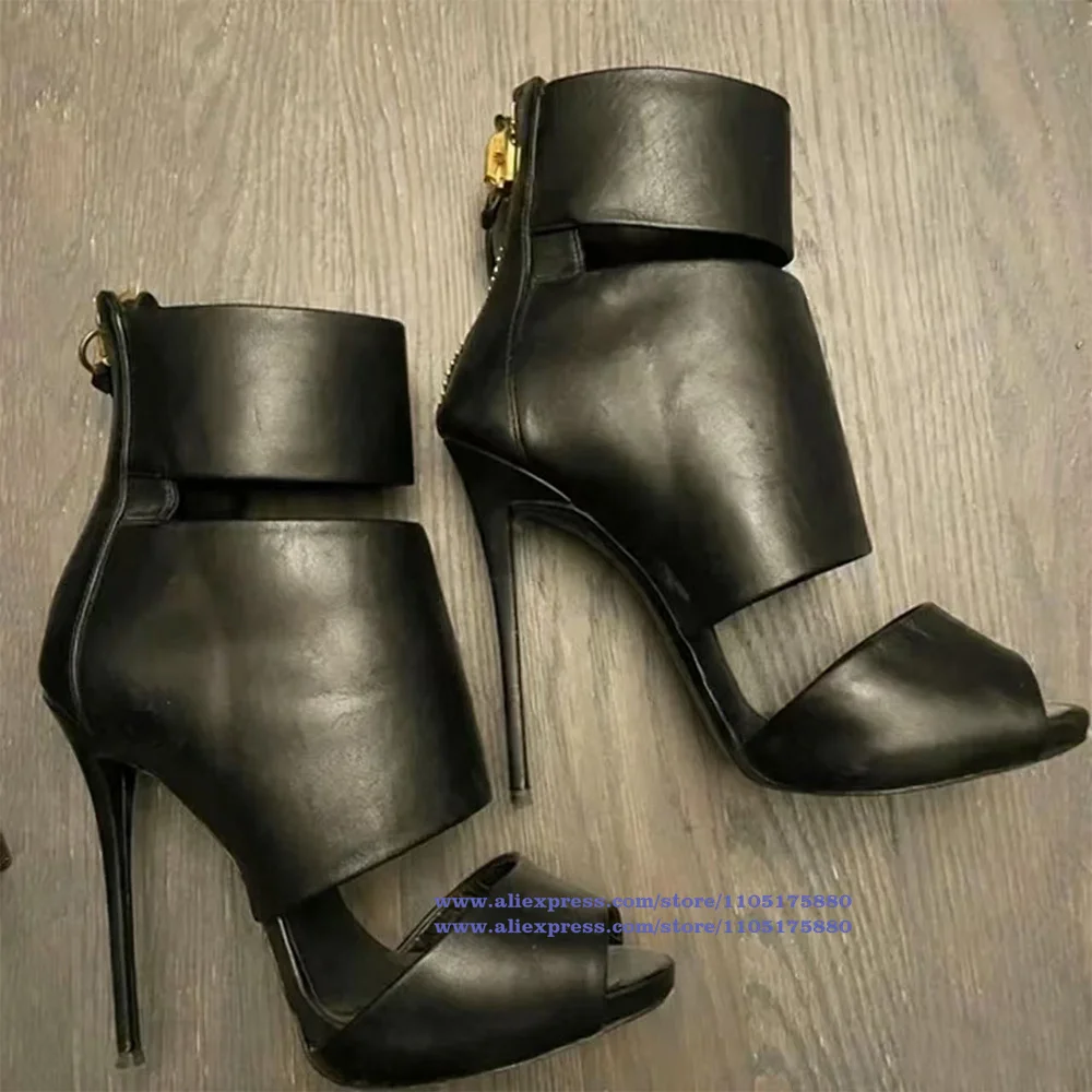 

Back Zipper Hollow Out Sandal Boots Stiletto Heels Round Open Toe Party Shoes Women's Summer Designer Sandalias De Mujer Verano