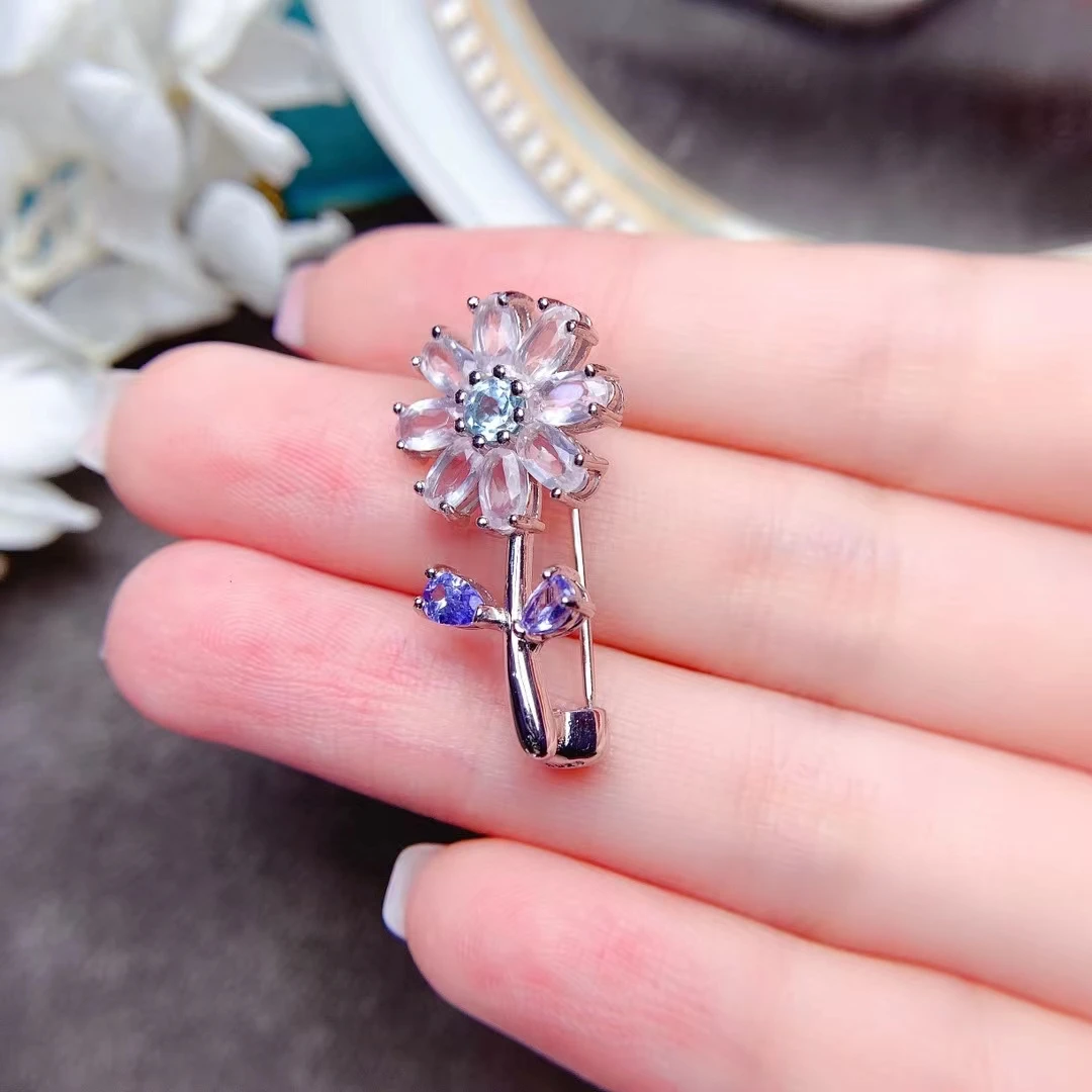 MeiBaPJ Natural Tanzanite Gemstone Flower Fashion Brooch for Women 925 Sterling Silver Fine Wedding Jewelry