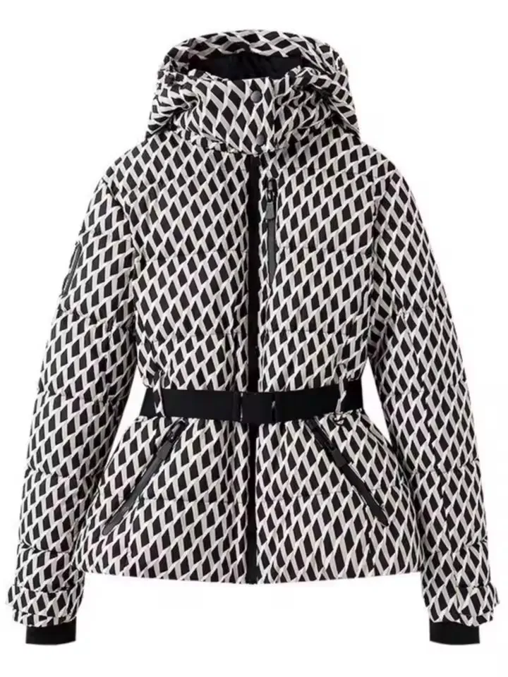 2025 Women's Winter Hooded Padded Sport Parkas Pants 2 PCS Set Belt Female Elegant Warm Windproof Skiing Coats Jackets Trousers