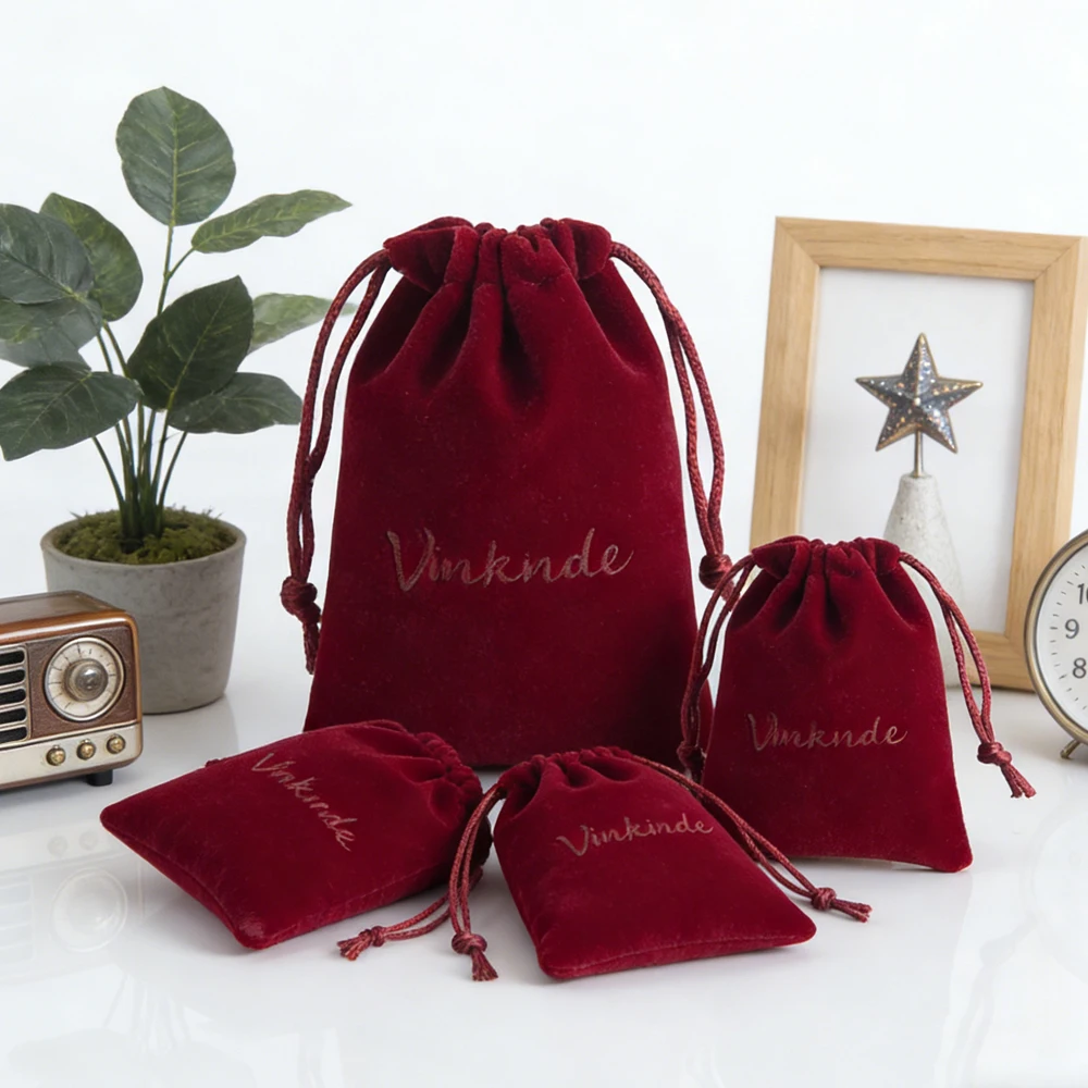 

Personalized 100-Pack Wine Red Jewellery Velvet Drawstring Pouch Gift Bag Bracelet Necklace Earrings Rings Snack Package Storage