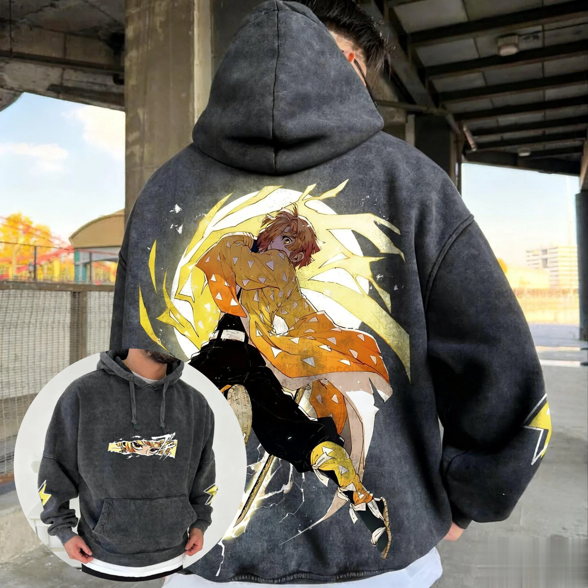 

Anime Vintage Washed Hoodie Demon Slayer Print Men Women Casual Pullover Sweatshirt Streetwear Cosplay Cotton Winter 2025 Trendy