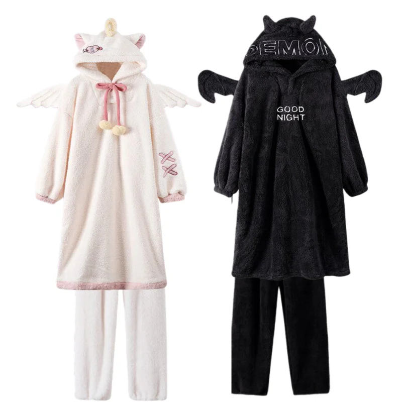 

In Stock Angel And Devil Pajamas Couples Winter Coral Velvet Pantsuit Thickened Velvet Cloak Winter Plus Size Pajamas Home Wear