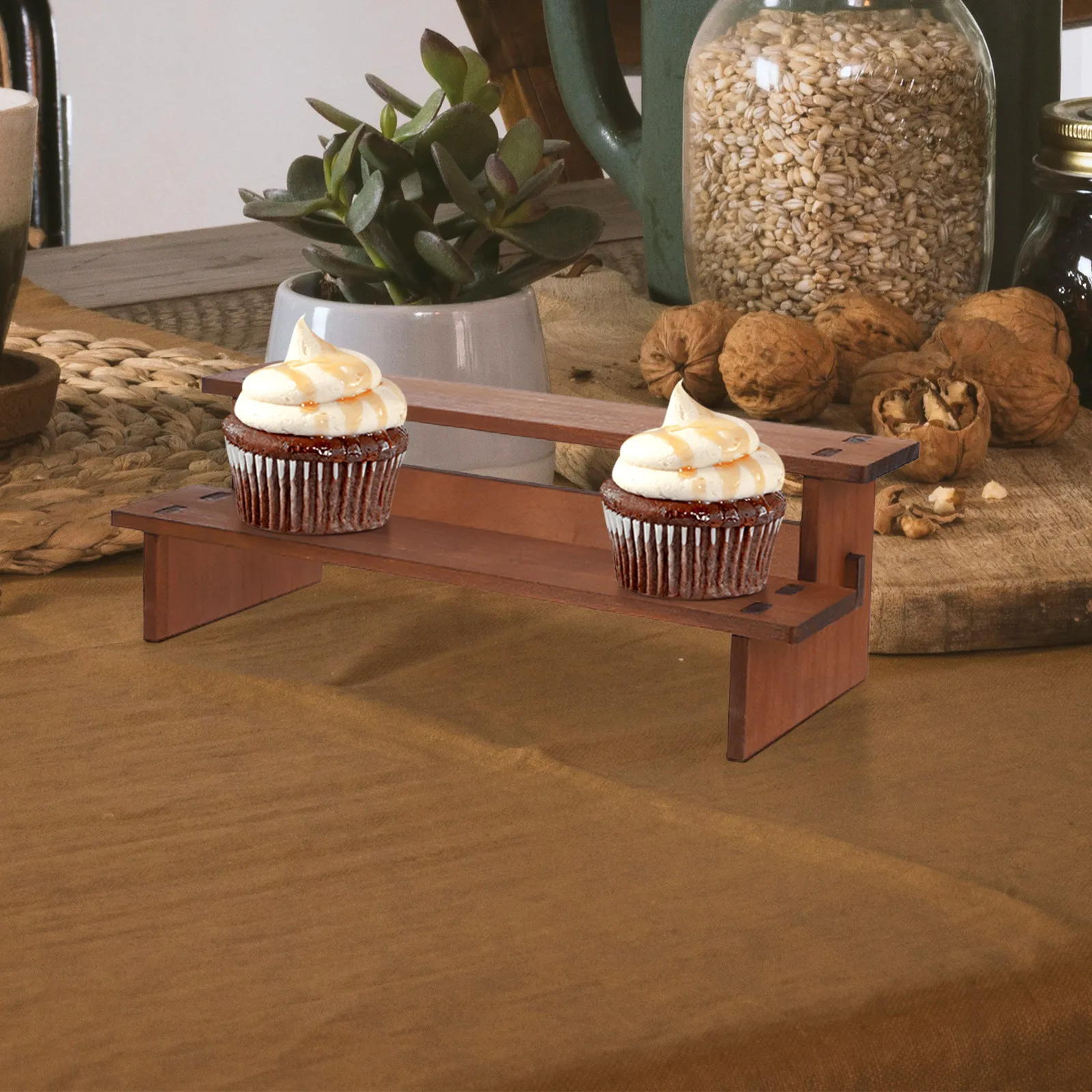 Vintage Dual Layer Wooden Display Stand Tiered Retro Jewelry Cupcake Dessert Holder Desktop Shelf Sturdy Retail Rack