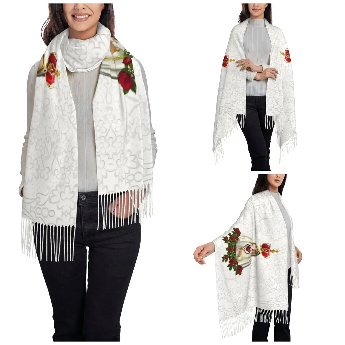 Virgin Mary Scarf for Womens Fall Winter Pashmina Shawls and Wrap Catholic Saint Large Scarves with Tassel Daily Wear