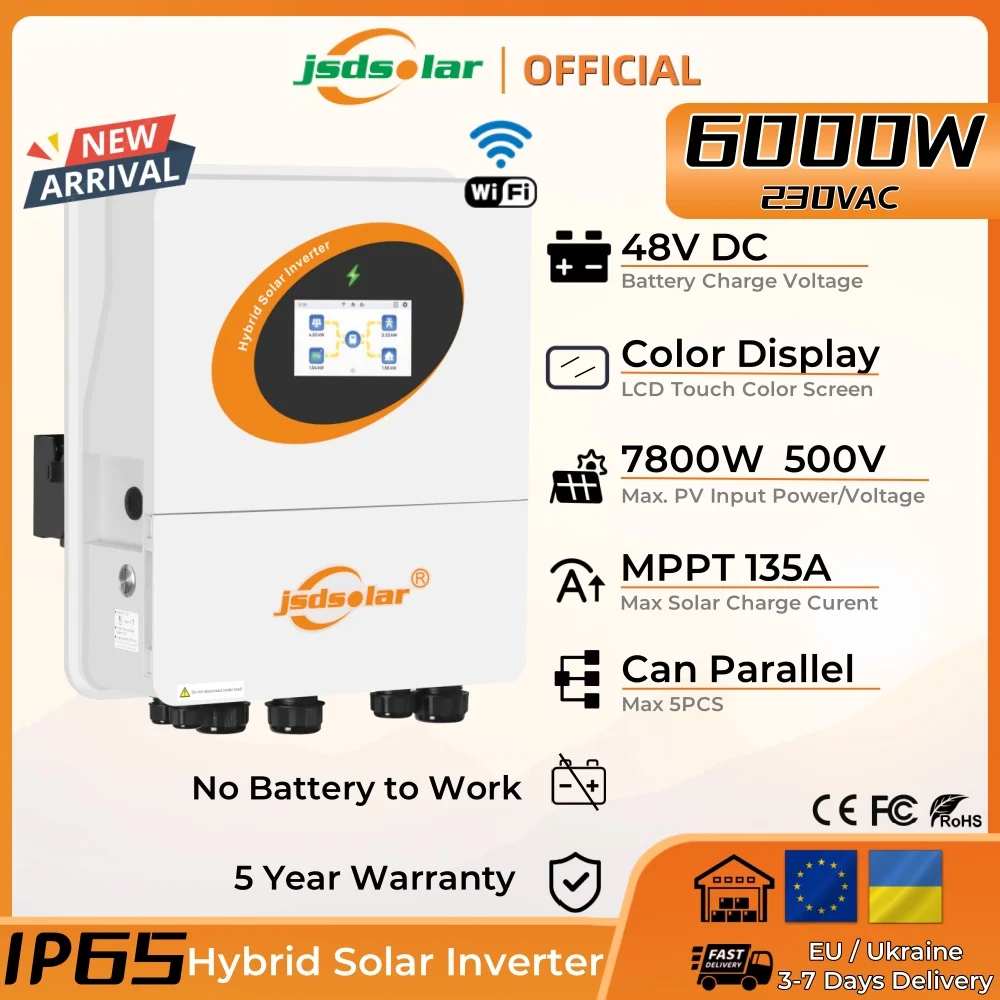 

New Arrival jsdsolar 6KW 48V On/Off Grid Hybrid Solar Inverter Smart Cooling Dual MPPT 135A IP65 230VAC With WiFi PV 500V 7800W