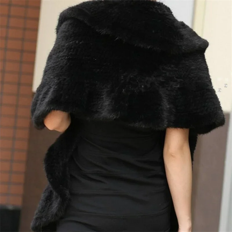 winter knitted real mink fur coat import ruffled mink poncho shawl women\'s fashion natural fur warp black fur coat