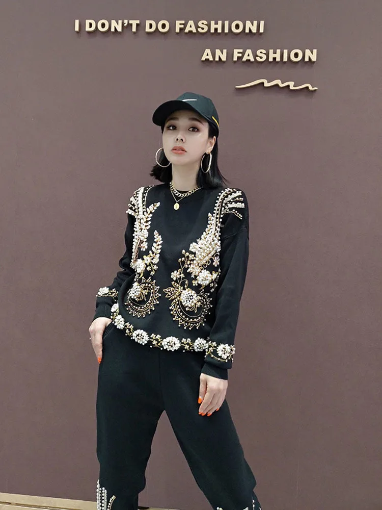 High quality sequins beading knit suits female heavy industry beading flowers long sleeve sweater + pant two pieces sets