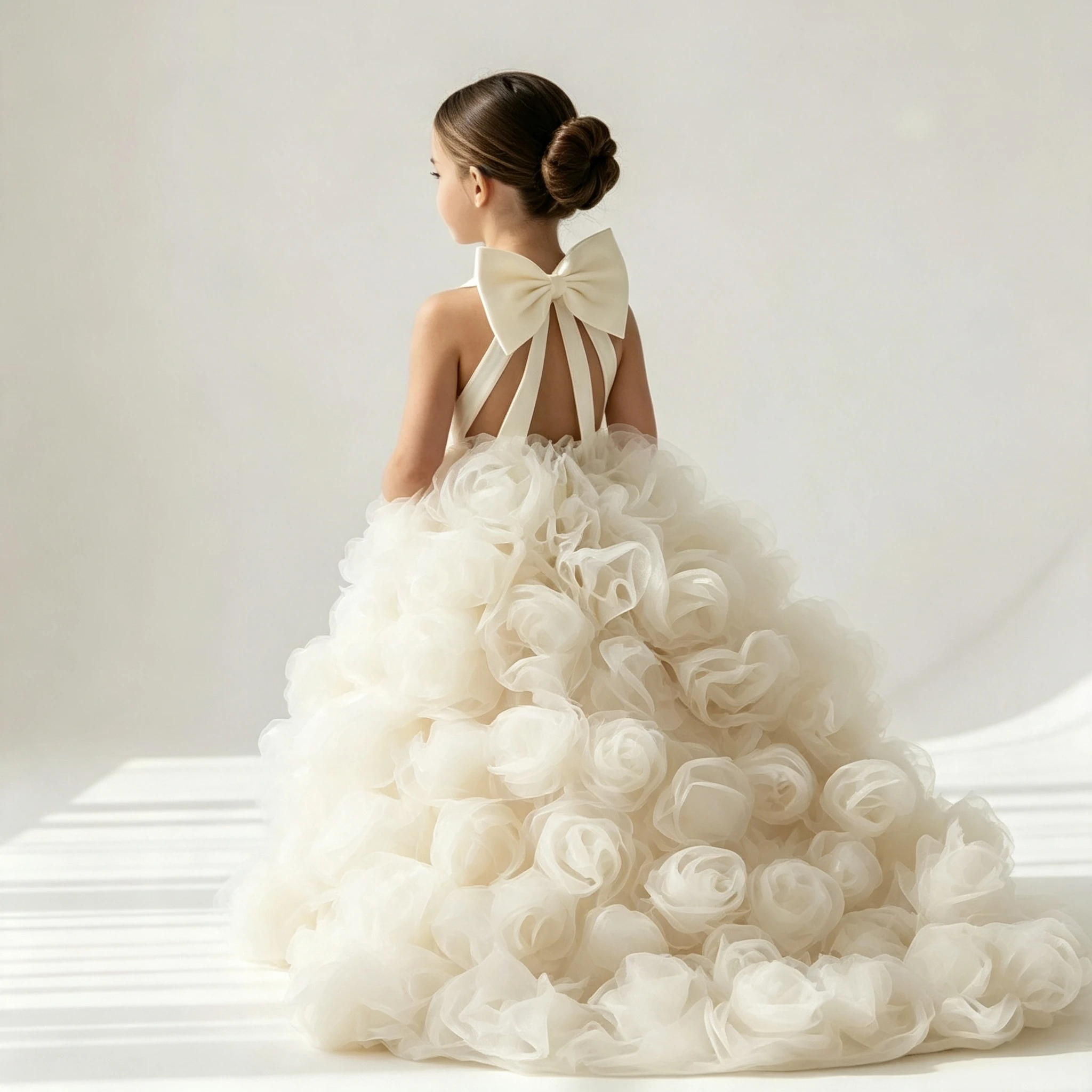 Kids Flower Girl Dress Luxury White Ivory 3D Large Flower Flower Girl Dress Princess Birthday Wedding Party Children Holi Dubai