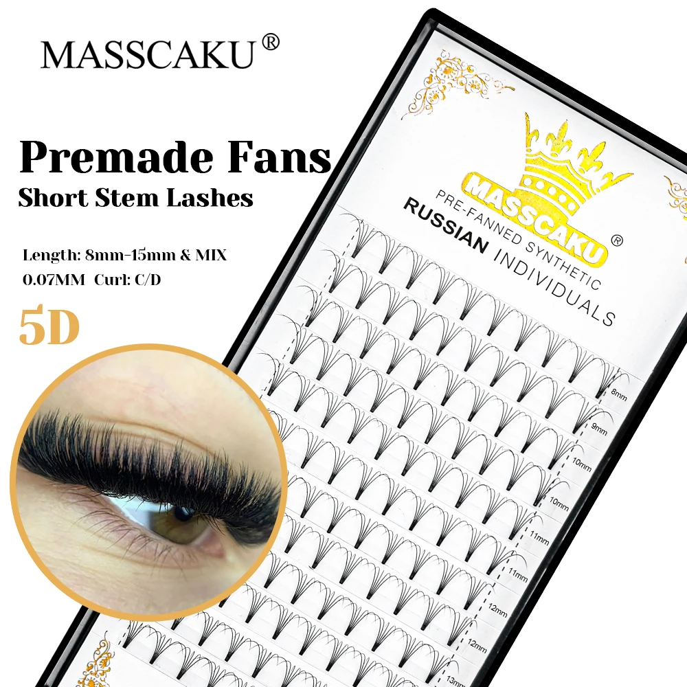 

MASSCAKU Matte Deep Black Waterproof Thin Root Makeup Lashes C D Curl Long-lasting Short Stem Premade Fans Eyelashes Supplies