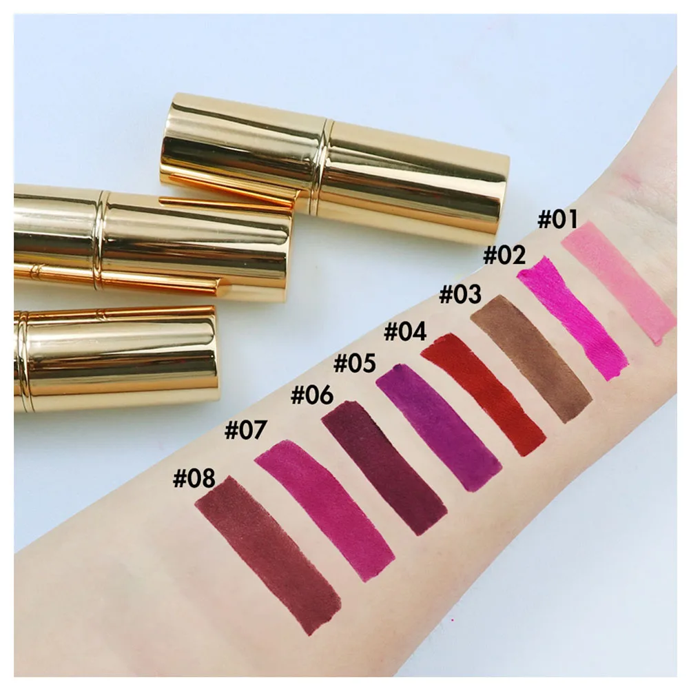 3.8g 8-color Private Label Lipstick Custom Logo Waterproof Sweatproof Solid Lipsticks Long-lasting Lip Makeup Gloss Gold Package
