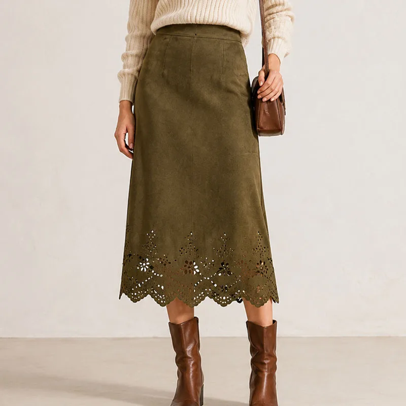 Brown Solid Suede Skirt Ladies High Waist Scalloped Hem Skirt Retro Western Cowgirl Bohemian Fall Winter Street Women Long Skirt