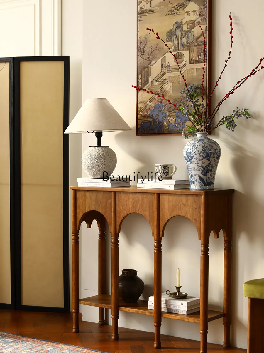 

Console Tables Solid Wood Distressed Living Room Partition Decorative Shelf Side View against the Wall