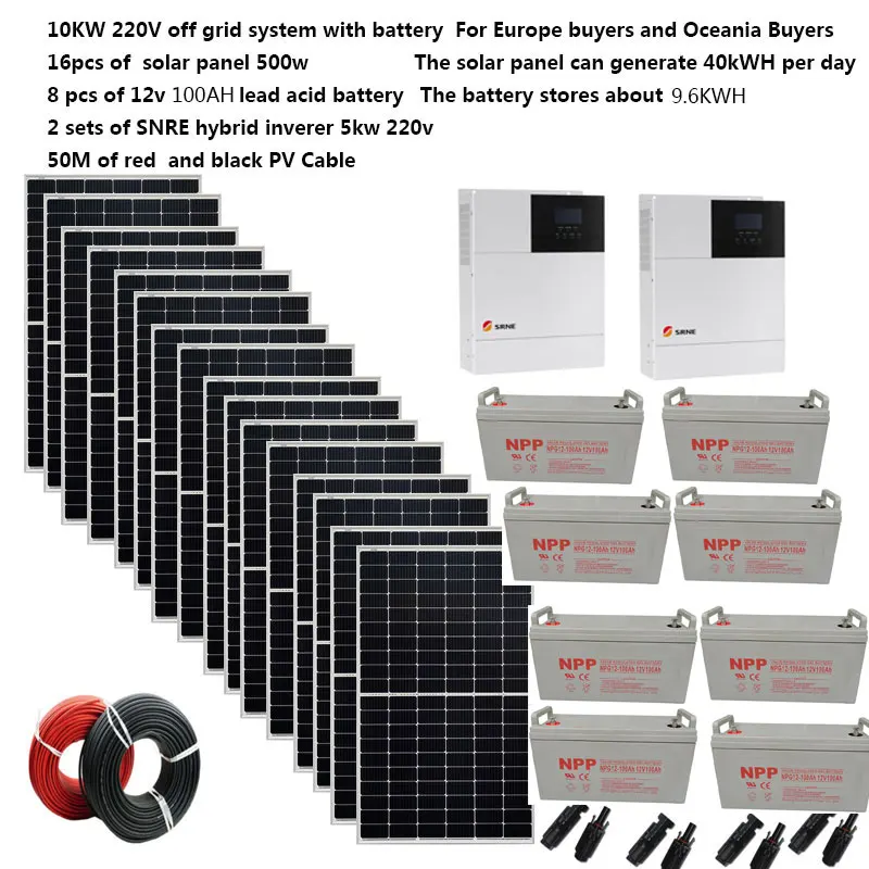 Solar Panel Kit Complete 10000W 10KW 220V 110V Battery Charger Off Grid Hybrid Inverter Home Villa Farm 8HP Heater Air Condition