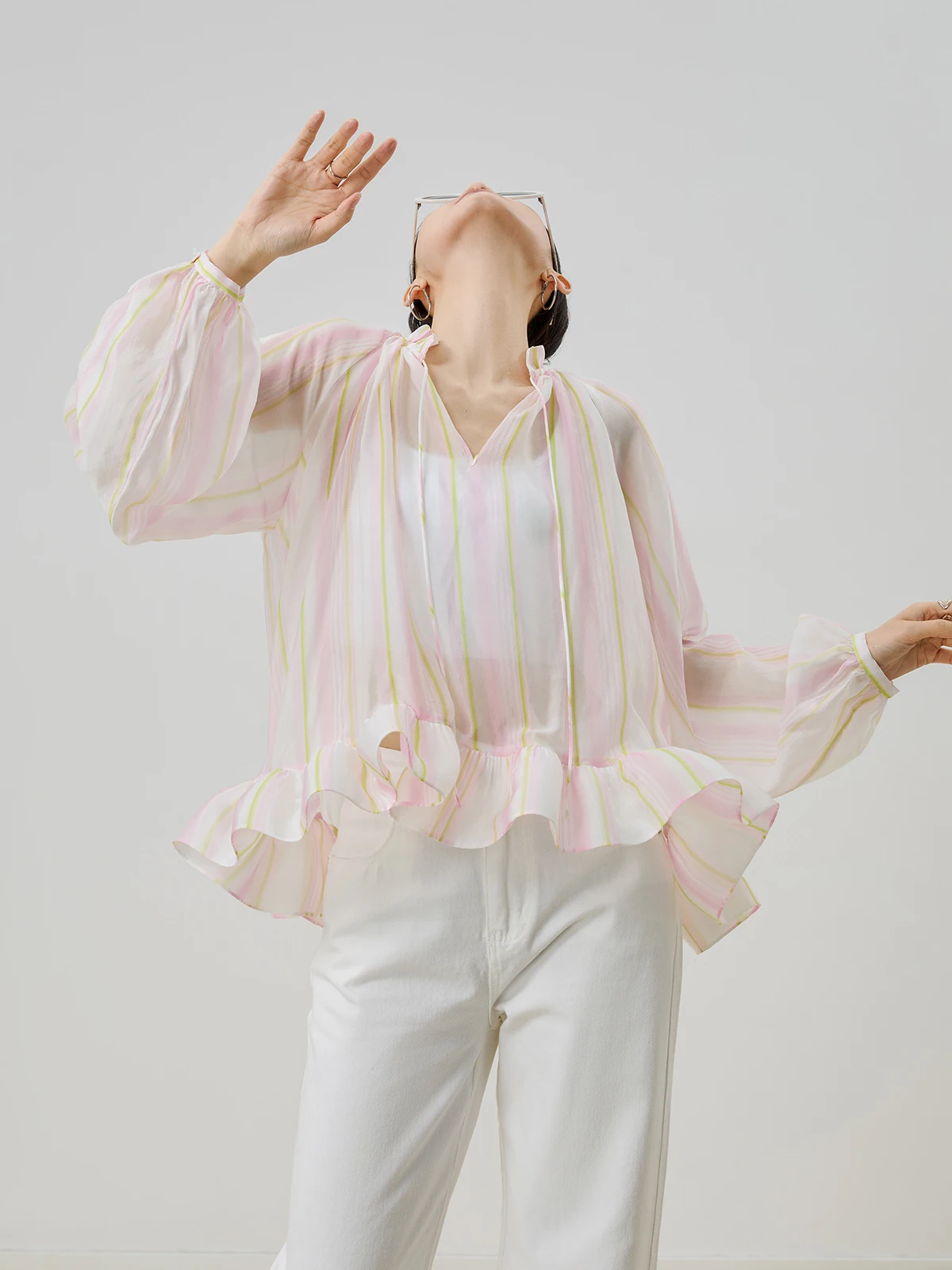 

Guuli Pink Striped Long Sve irt Women's Ele Beautiful Top Summer Casual Sle Loose Fit Bubble Sve Polyester Blend