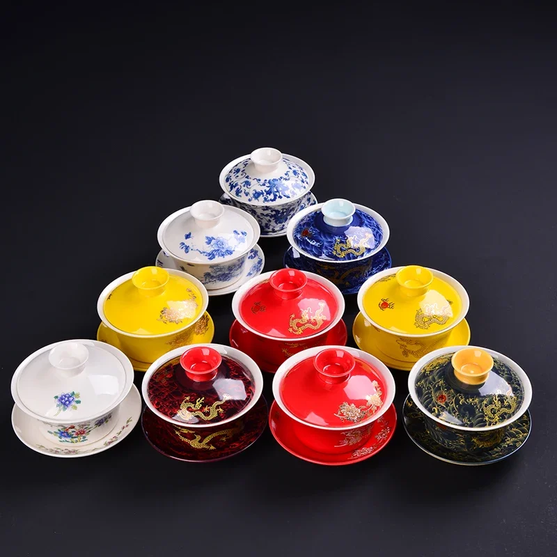 300ml Sancai Lid Bowl Tea Cup Large Blue and White Porcelain Chinese Style Fugu Long Personal Tea Babao Tea Bowl