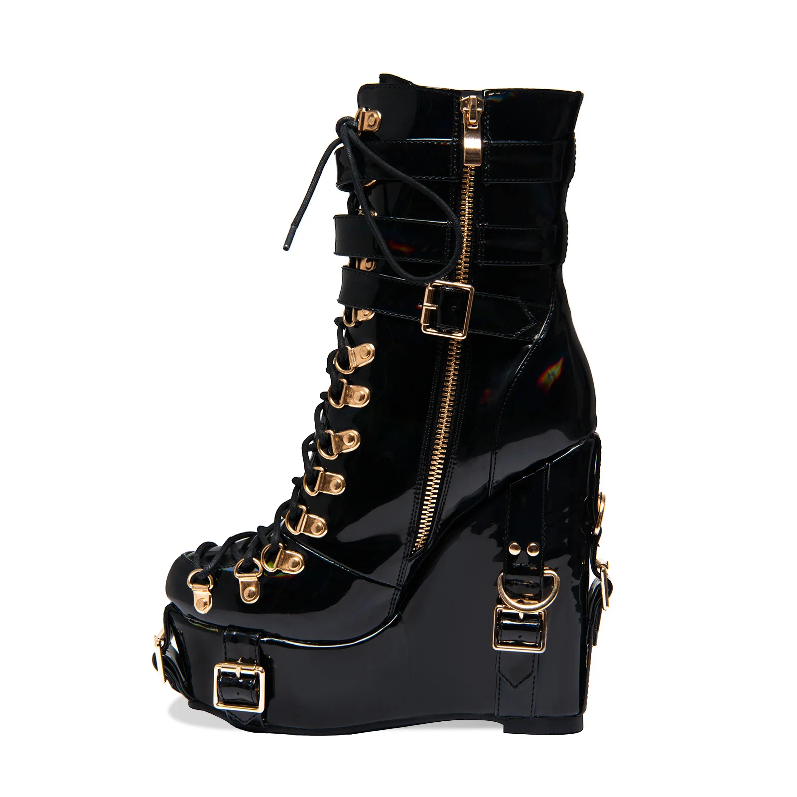 Black Holographic Patent Leather Wedge Platform Mid-Calf Boots Women Lace-Up Gold Buckle Pocket Design Fashion Dance Shoes