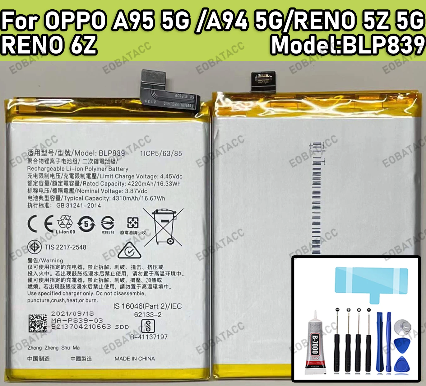 

100% New Zero Cycle BLP839 Battery For OPPO A95 5G /A94 5G/RENO 5Z 5G/RENO 6Z Replacement Batteries+Free Tools
