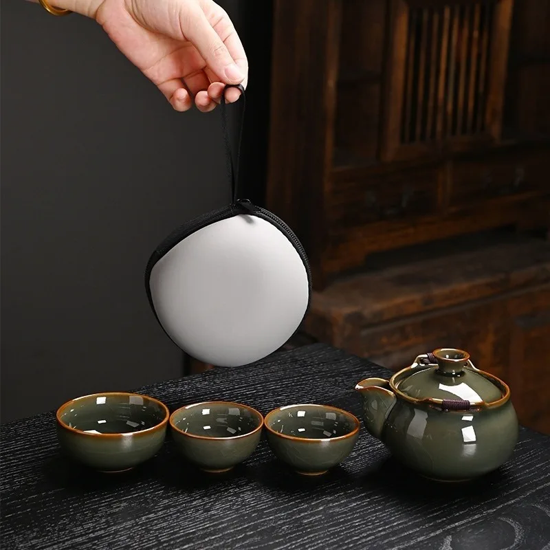 Portable Chinese Style Ge Kiln Travel Tea Set for Picnic Hiking Outdoor Camping Kungfu Tea Gear Kit  Festival & Business Gift