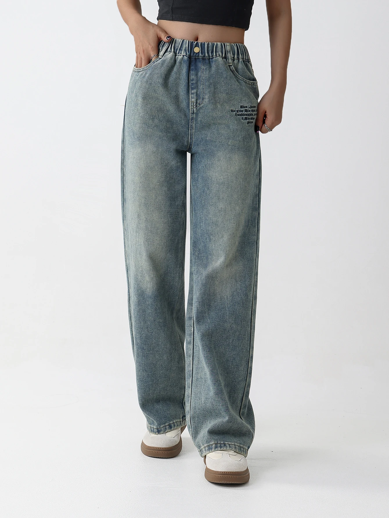 

Girl blue college style fashionable casual washing jeans girl versatile loose straight wide-leg pants