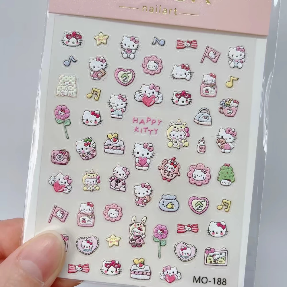 1 sheet HelloKitty Sanrio New 5D Relief Nail Art Stickers Nail Decals for Manicure fashion Design DIY Happy Accessories