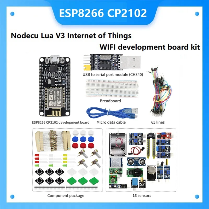 

ESP-12E ESP8266 CP2102 Black Development Board +16X Sensors+Component Package+USB To Serial Port Module+65 Jumper+Bread Board