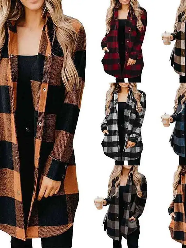 

Women's Plaid Shirt New Lapel Midlength Autumn Long Sleeve Polyester Fiber Thin Style Commute Fashion Graded Size Regular Fit