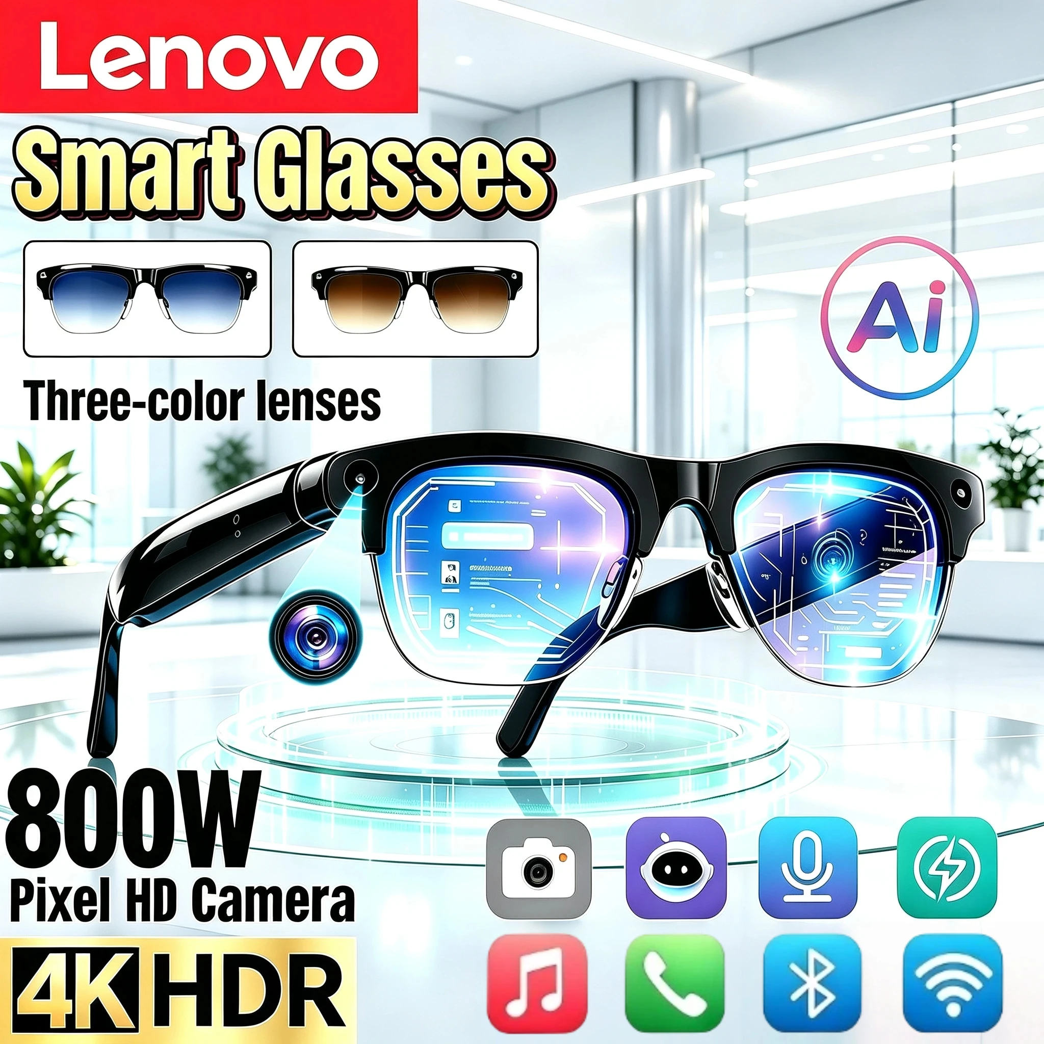 Lenovo Upgrade Smart AI Glasses 800W 4K HD Shooting Camera Photo Video Voice Call Translation Bluetooth AI Smart Glasses 2026