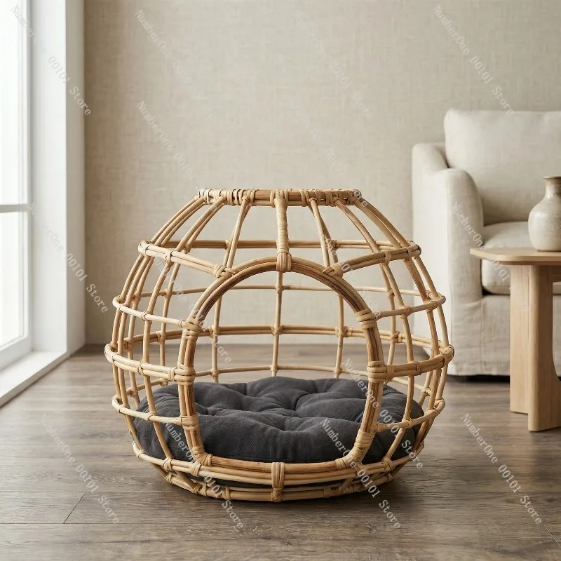 Rattan Cat Dog Villa House Semi Enclosed Handwoven Bed With Warm Cushion Washable All Season Indoor Pet Cave Lounge Soft Luxury