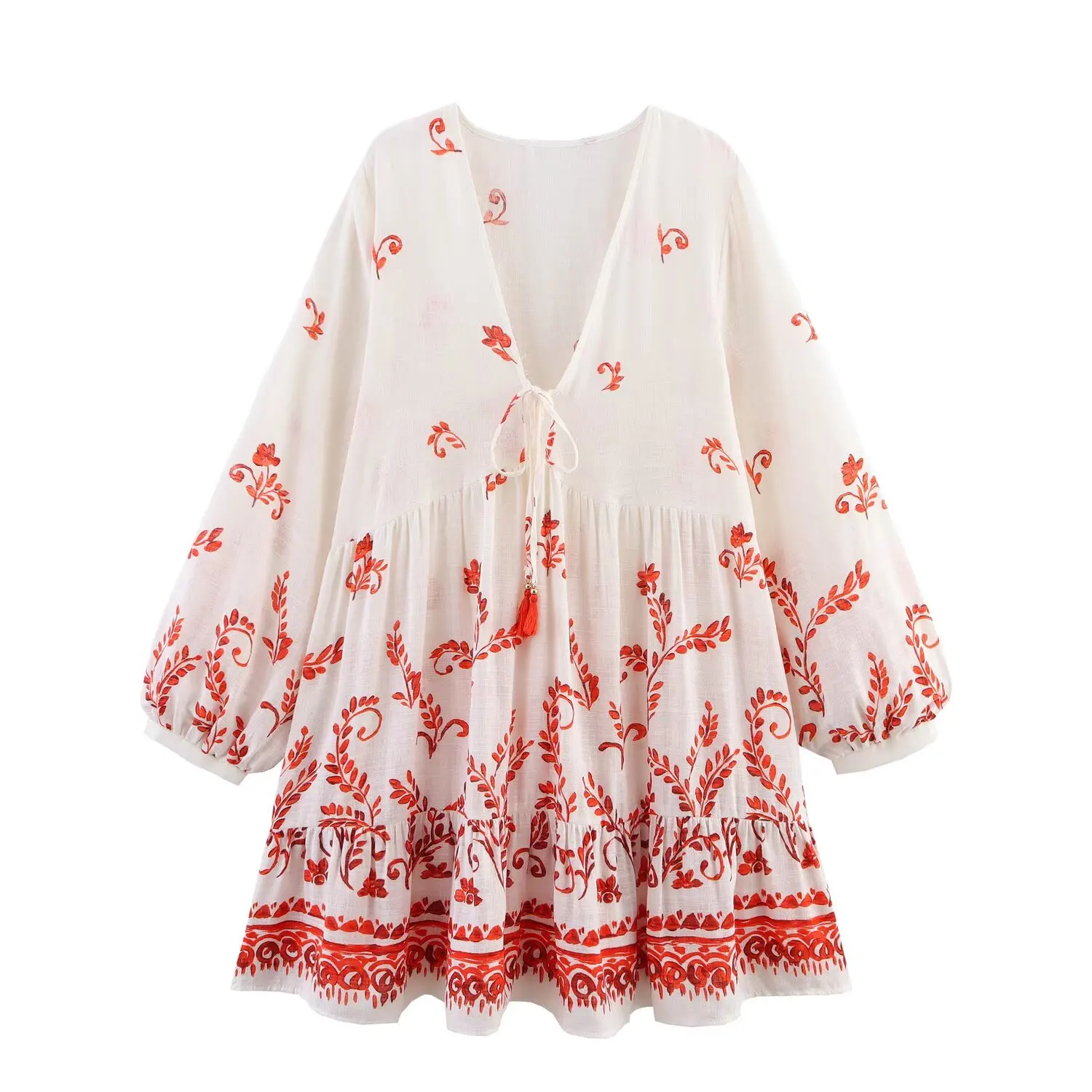 

Women's 2025 new Fashion lace up decoration loose V-neck printed mini dress retro long sleeved women's dress