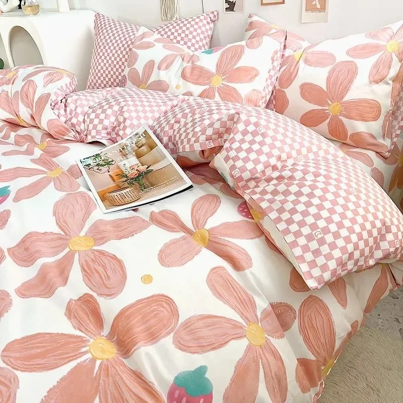 Kawaii Cherry Floral Adult Bedding Set with Single/Double/Full Size Duvet Cover, Flat Sheet, and Pillowcase - Soft and Cozy Text